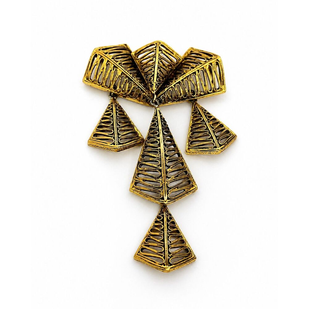 VINTAGE VENDOME BROOCH Articulated Gold Tone Modernist Geometric Dangle Pin